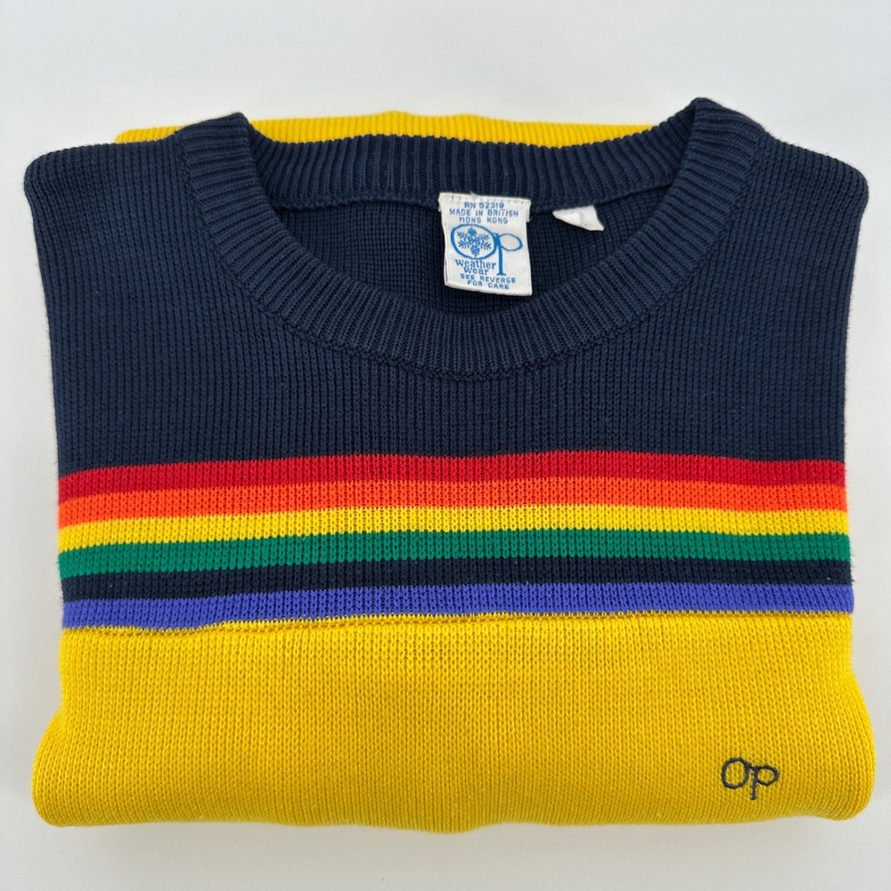 VTG 80s Ocean Pacific Op Rainbow Stripe Sweater Large Stranger Things Surf Retro - Picture 10 of 12